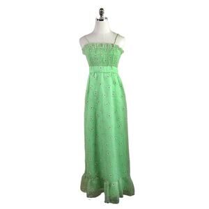 Vintage 70s Flocked Floral Maxi Dress Green Check Flower Power